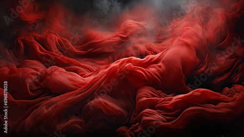 A fiery masterpiece, with bold strokes of crimson and swirling tendrils of smoke, evoking a sense of passion and mystery through the medium of paint on a canvas of red fabric