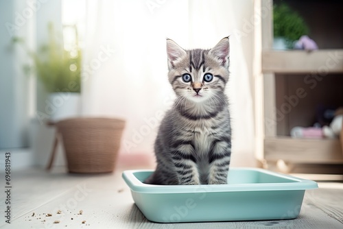 photo of a cute kitten standing near a litter tray, a toilet for a cat, generative AI