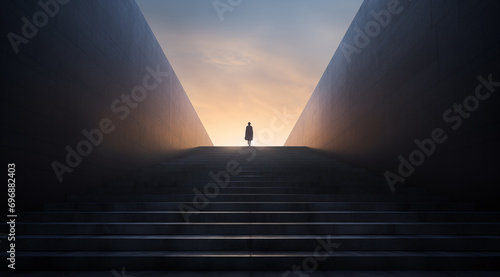 Person in the backlight stands at the end of the stairs and looks towards the sun or the light - theme of new beginnings, life after death or the afterlife