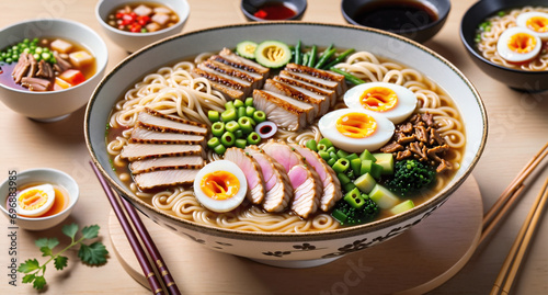 Art of Special size Asian Style noodle has many eggs meat and vegetables as topping