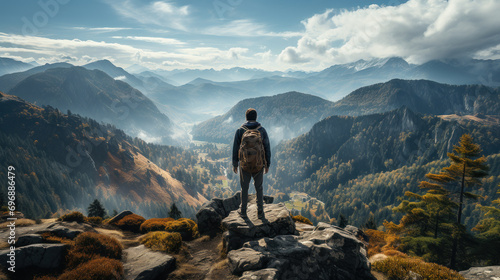 Man traveler on mountain summit enjoying nature. Generative AI