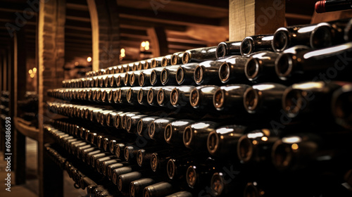 wine bottles in wooden rack in wine cellar