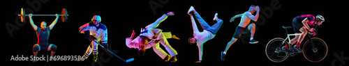 Banner. Collage made of portrait of professional sportsman training in action in neon filter against dark mode background. Concept of professional sport, hobby, active lifestyle, recreation, motion,