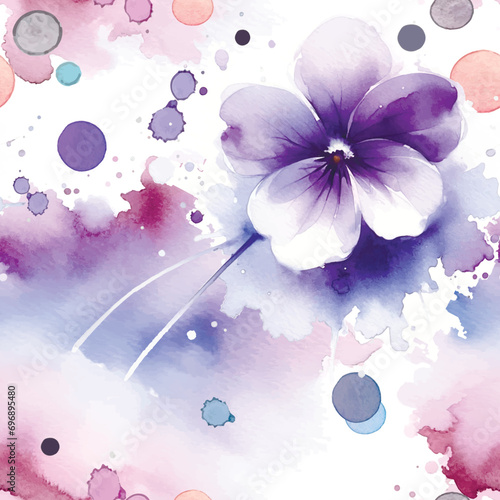 Watercolor beautiful violet flowers seamless pattern with splashes, circles,polka dots. Dirty spotty watercolor background. Hand drawn paint flowers, leaves. Modern artistic ornament. Endless texture