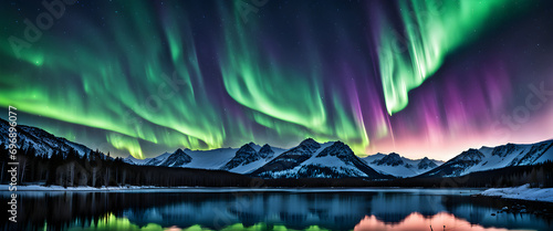 Aurora polar color verde y púrpura. Fenómeno natural de las regiones polares sobre lago cristalino. Aurora boreal nocturna. Hecho con IA.