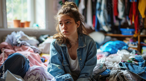 Struggling Teenager with ADHD - Unorganized and tired teenage girl in a messy room struggling to leave home Gen AI