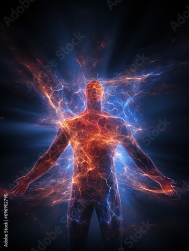 Visible aura around a person, open chakra, alternative medicine, human soul in the form of radiance and rays around the human body, zen balance of soul and body