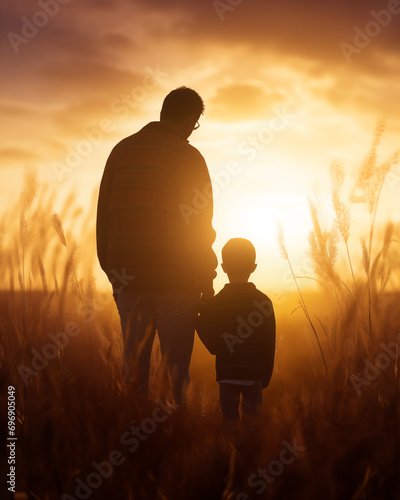 Silhueta pai e filho de mãos dadas no por do sol - Papel de parede tema dia dos pais