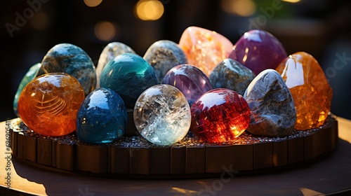 A vibrant collection of spherical stones, bursting with a rainbow of colors, arranged in an indoor setting