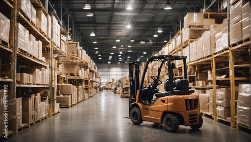 Inside bustling production warehouse, cardboard boxes align the shelves. A forklift operator efficiently organizes cargo for shipping. This storage space holds products ready for their onward journey