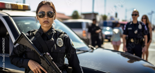 Young woman working as police officer or cop, she is standing next to car, holding rifle gun, blurred street background. Generative AI