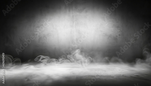 Empty abstract background with smoke or mist rising from the ground against a dark, textured backdrop, studio room with smoke float up interior texture for display products wall background