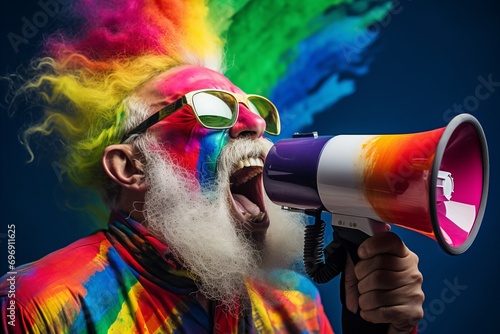 a colorful man with colorful hair and a gray beard shouting into a megaphone.