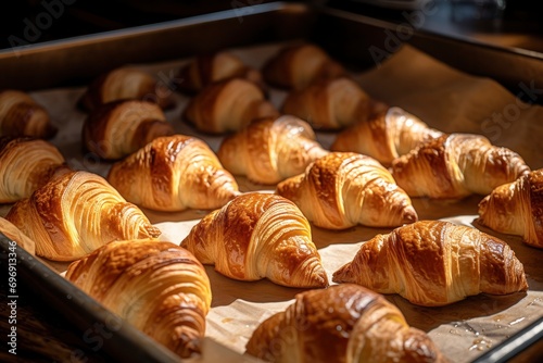 Fresh crispy golden croissants lie on a baking sheet close-up. Sweet pastry made from puff pastry, a classic French dessert. Bakery concept, croissant production