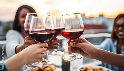 People clinking red wine glasses on rooftop dinner party , Happy friends eating meat and drinking wineglass at restaurant patio , Food and beverage lifestyle with guys and girls dining outdoor