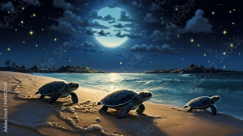 Tiny baby turtles making their way across a sandy beach toward the ocean, their determined little flippers propelling them forward, with a vast starlit sky overhead.