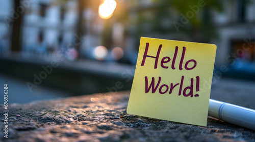 Hello World! written in marker on a sticky note. Fun thought, business concept.