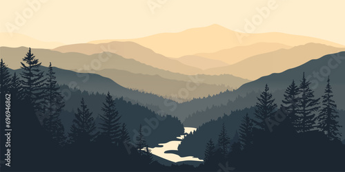 Panoramic landscape of beautiful silhouettes of mountains, forest and river. Amazing mountain landscape against the backdrop of sunset or sunrise. Wildlife vector illustration.