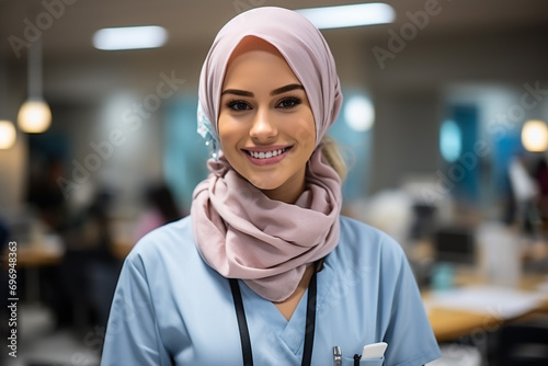 Attractive female doctor in front of medical group 
