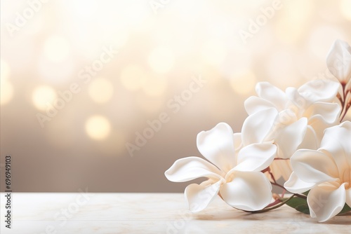 Elegant white gardenia with magical bokeh background and copy space for text on the left side