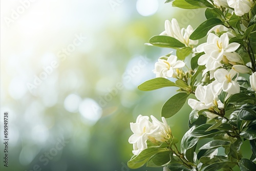 White gardenia on right side with isolated bokeh background, ample copy space on left side