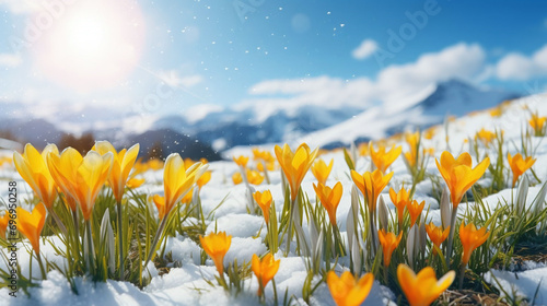 Yellow crocuses bloom on a sunny spring day. Beautiful primroses against a background of shiny white snow. Spring flowers against the backdrop of snowy mountains.