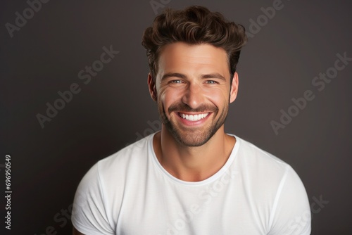Handsome tanned smiling young man in a white T-shirt on brown background