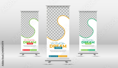 We Build Your Dream House real estate roll-up banner design set, three color roll-up banner design template