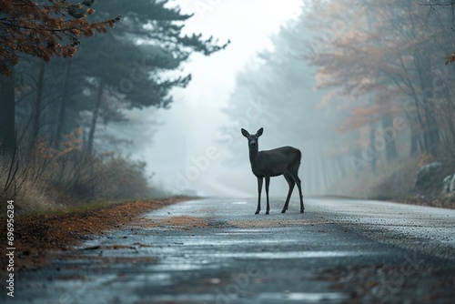 Misty Morning Encounter: Deer Stands Cautiously on Foggy Road
