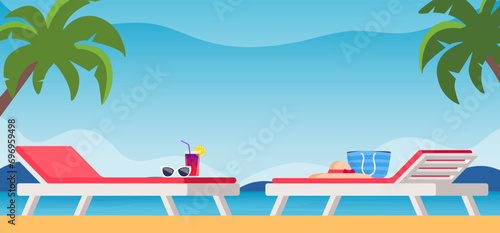 Sunbeds with parasol at sand beach. Summer tropical resort with private chaise-longues at seacoast. Sun bed and beach elements. Vector illustration.