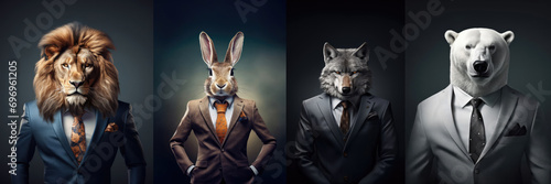 Anthropomorphic realistic realistic lion, hare, wolf, polar bear director, boss in elegant business suit, white shirt tie. Large portrait on dark background. Fantastic business concept. 