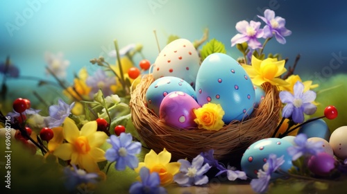  a basket filled with colorful easter eggs surrounded by daffodils and daffodils on a sunny day.