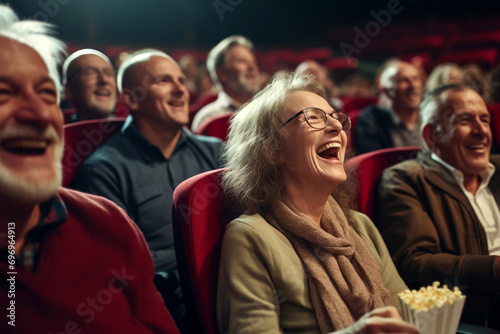 people of different looking, genders and ages in cinema laughing while watching comedic interest movie