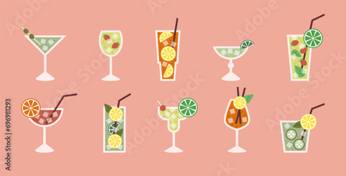 Cocktail drink alcohol. Glass aperitif, orange spritz, cosmopolitan, margarita menu isolated elements, summer bar, martini, mojito party, liquor coffee, minimal, fruit. Vector geometric tidy party
