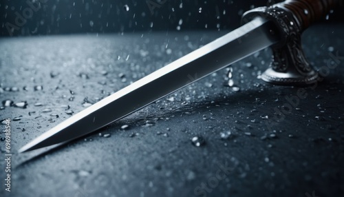  a knife sitting on top of a table next to a knife with a blade sticking out of it's blade, on a wet surface with drops of water.