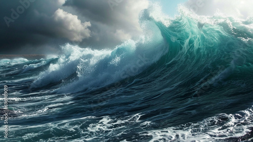 Tsunami Trigger: Underwater seismic activity triggering a tsunami, with waves forming and growing in the open ocean