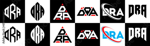 DRA letter logo design in six style. DRA polygon, circle, triangle, hexagon, flat and simple style with black and white color variation letter logo set in one artboard. DRA minimalist and classic logo
