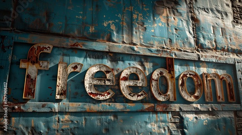 Liberation Unveiled: "Freedom" on an Old Rusted Iron Wall, Prison Break. Refugee Human Right