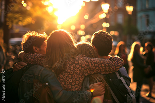 Pessoas felizes se abraçando, mostrando bem estar, união e armonia social.