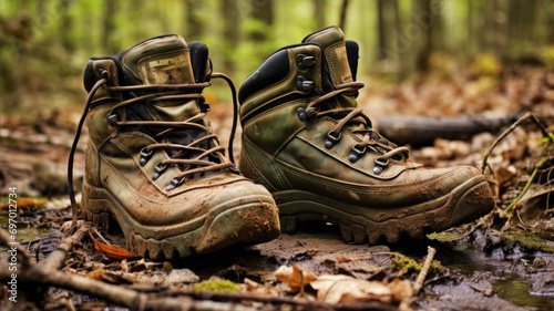 Hiking boots in the woods. Hiking boots on the ground.