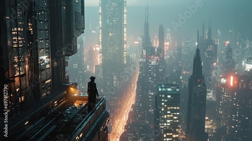 A cinematic scene from the year 2043 on earth in newyork from a skyscraper 