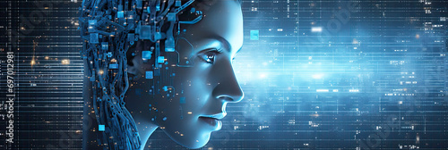 Modern female robot in an artificial intelligence image with wires and circuits on a digital background. Banner with copy space