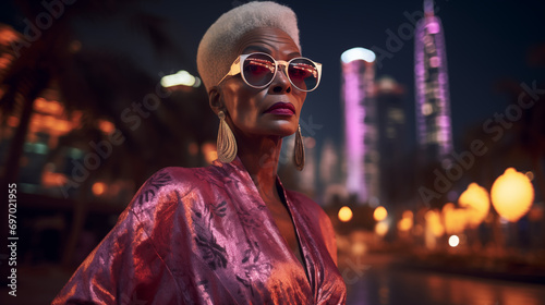 Glamorous older black woman in Dubai at night