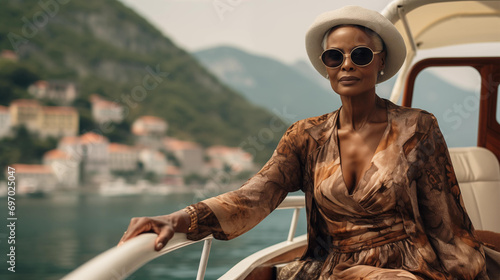 Fashionable black woman traveller in Kotor Bay, Montenegro