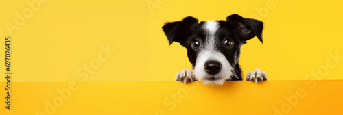 Banner. Cute Jack Russell Terrier puppy peeking from behind a yellow wall. Place for text. Mockup. Veterinary medicine. Generative AI