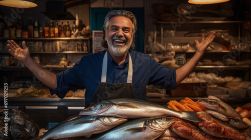 A smiling middle-aged man sells fresh fish in a fish shop. A confident businessman.