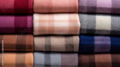 Tartan Scarfs in a Stack, luxury cashmere textured fabric with plaid pattern in stacking background.
