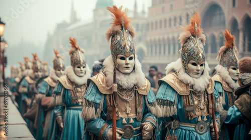 Carnival Masked People Standing on St. Mark's Square in Venice in the Morning Mist with Mask Wallpaper Background Cover Magazine Backdrop Digital Art Brainstorming