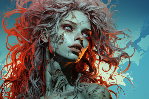 female zombie, close-up portrait. undead, drowned, ghoul girl. negative character. colorful illustration.