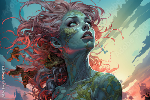 female zombie, close-up portrait. undead, drowned, ghoul girl. negative character. colorful illustration.